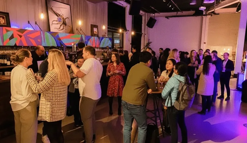 Team evening social: colleagues networking in a modern venue