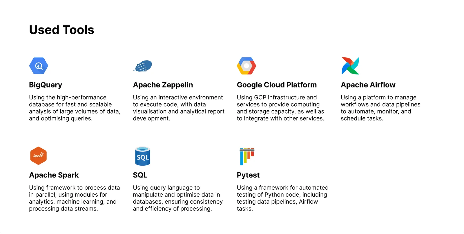 Used tools - BigQuery for fast analysis of large data volumes, Apache Zeppelin for interactive execution and reporting, Google Cloud Platform for compute and storage, Apache Airflow for workflow orchestration, Apache Spark for parallel processing, SQL for transformation, and pytest for automated testing of pipelines and Airflow tasks