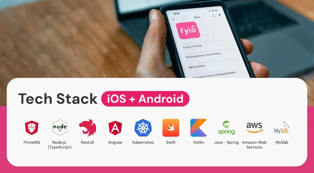 Fyio - Tech Stack for iOS and Android: PrimeNG, Node.js, NestJS, Angular, Kubernetes, Swift, Kotlin, Spring, AWS, MySQL