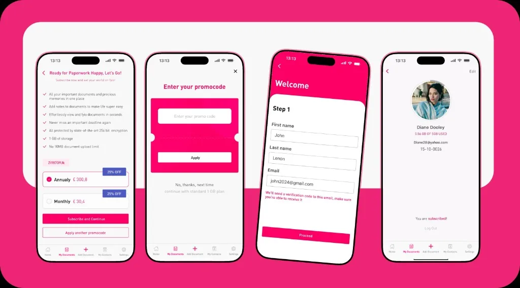 Fyio app: subscription, promocode, registration, and profile screens in device mockups