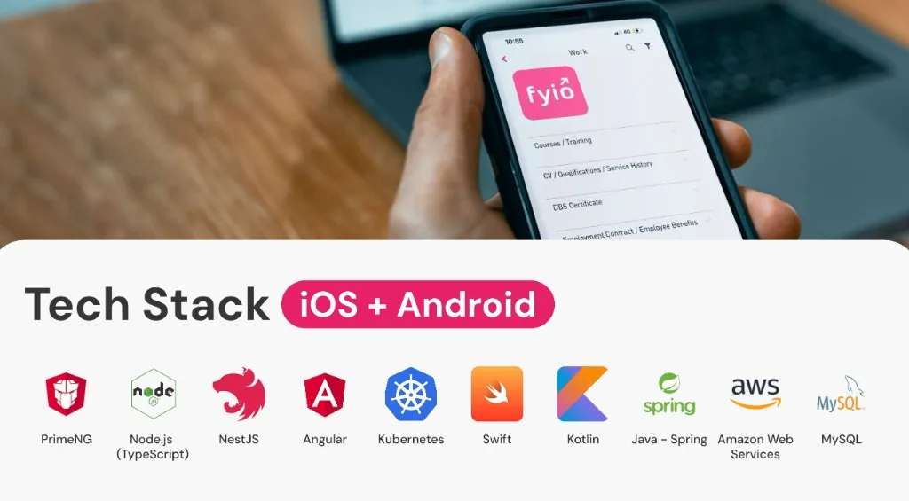 Fyio app on a phone and Tech Stack for iOS and Android with PrimeNG, Node.js, NestJS, Angular, Kubernetes, Swift, Kotlin, Spring, AWS, MySQL
