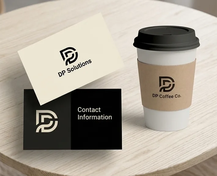 Brand identity mockup - business cards and branded coffee cup on wood surface