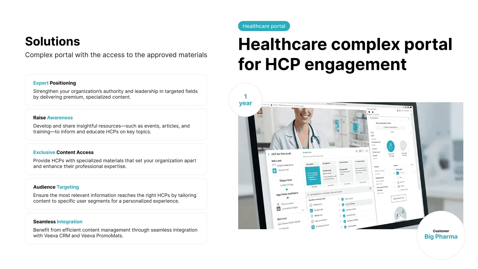 Healthcare complex portal for HCP engagement - a complex portal giving access to approved materials, covering expert positioning, raising awareness, exclusive content access, audience targeting, and seamless integration with Veeva CRM and Veeva PromoMats; delivered in one year for a big pharma customer