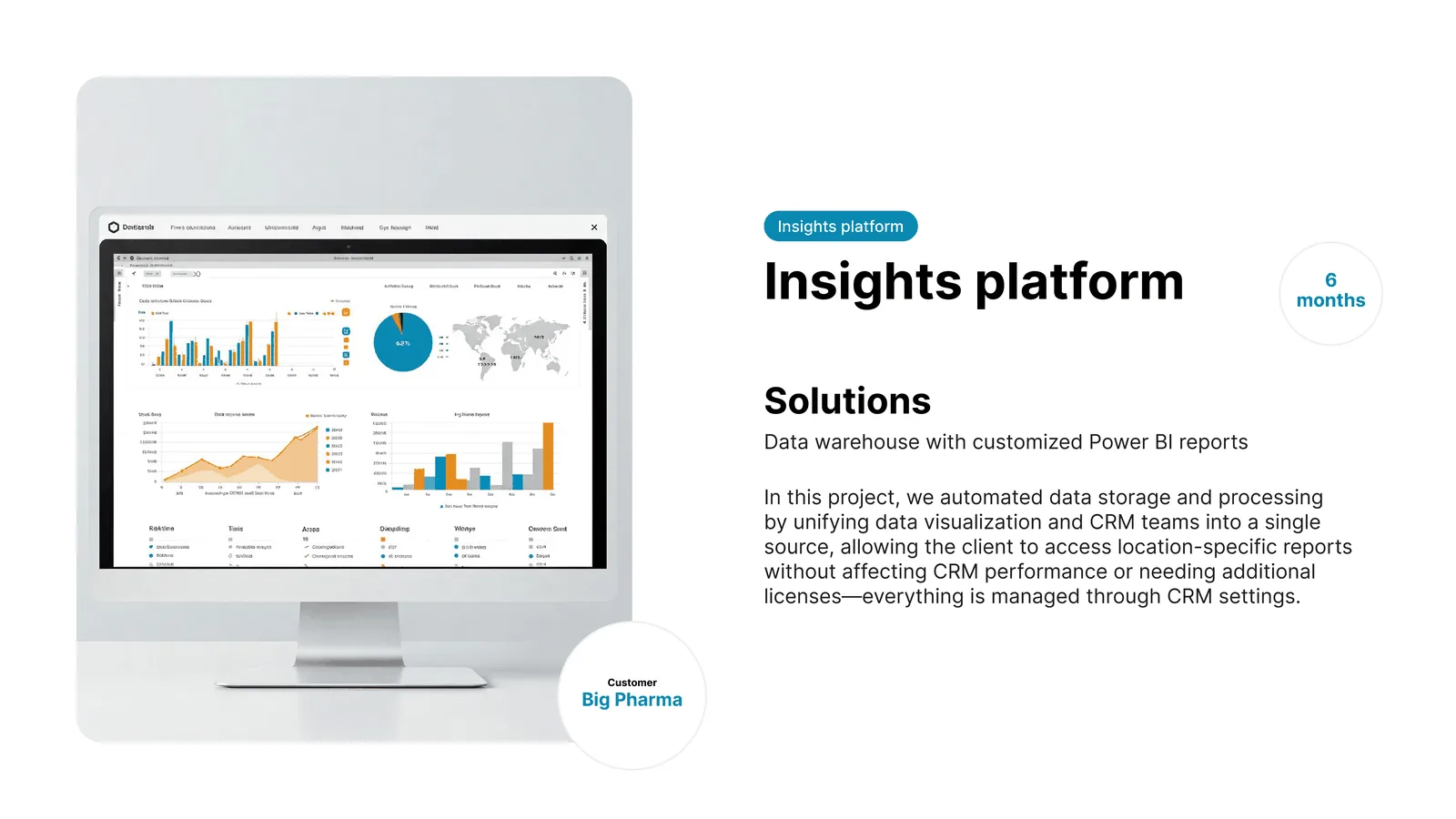 Insights platform - a data warehouse with customised Power BI reports, unifying data visualisation and CRM teams into a single source so the client can access location-specific reports without affecting CRM performance or needing extra licences; delivered in six months for a big pharma customer