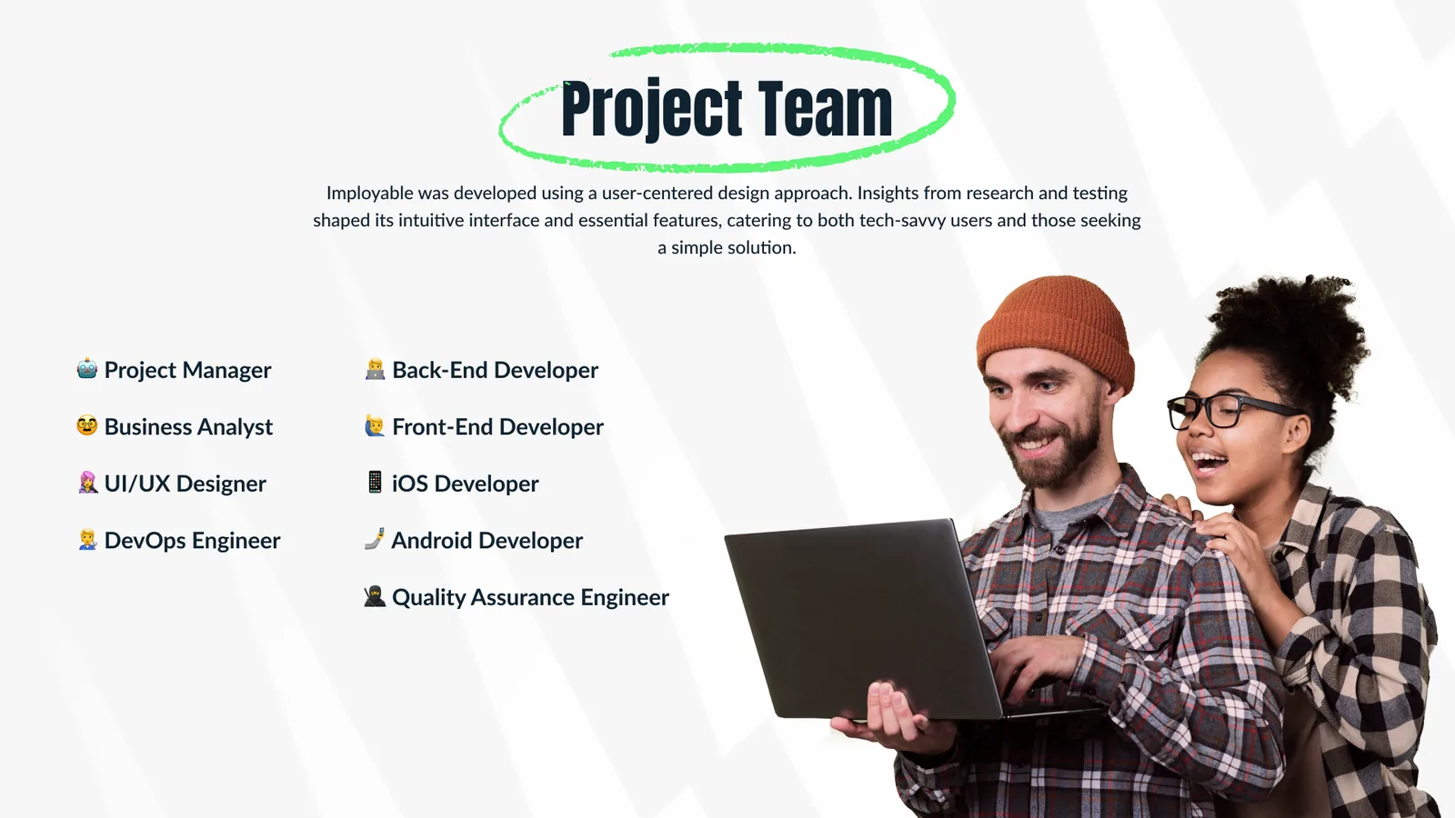 Project team - project manager, business analyst, UI/UX designer, DevOps engineer, back-end and front-end developers, iOS and Android developers and a QA engineer; Imployable was built with a user-centered design approach shaped by research and testing