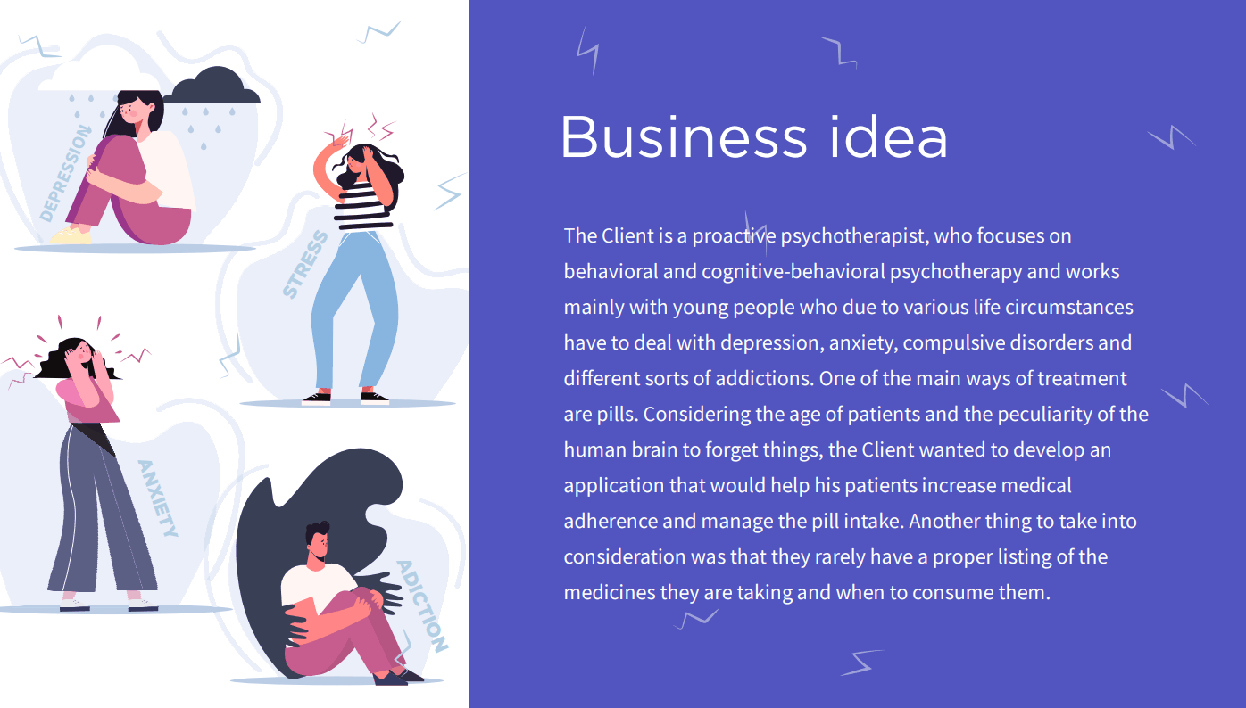 Business idea - the client is a psychotherapist treating young people with depression, anxiety, compulsive disorders and addictions, who wanted an app to improve medical adherence