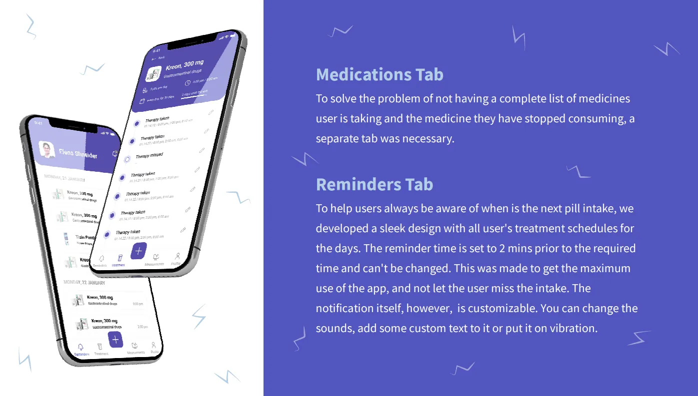 Medications tab and reminders tab - a separate tab lists current and stopped medicines, while reminders show treatment schedules and fire two minutes before each intake