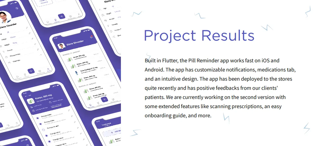 Project results - built in Flutter, the pill reminder app runs on iOS and Android with customizable notifications and is already deployed to the stores