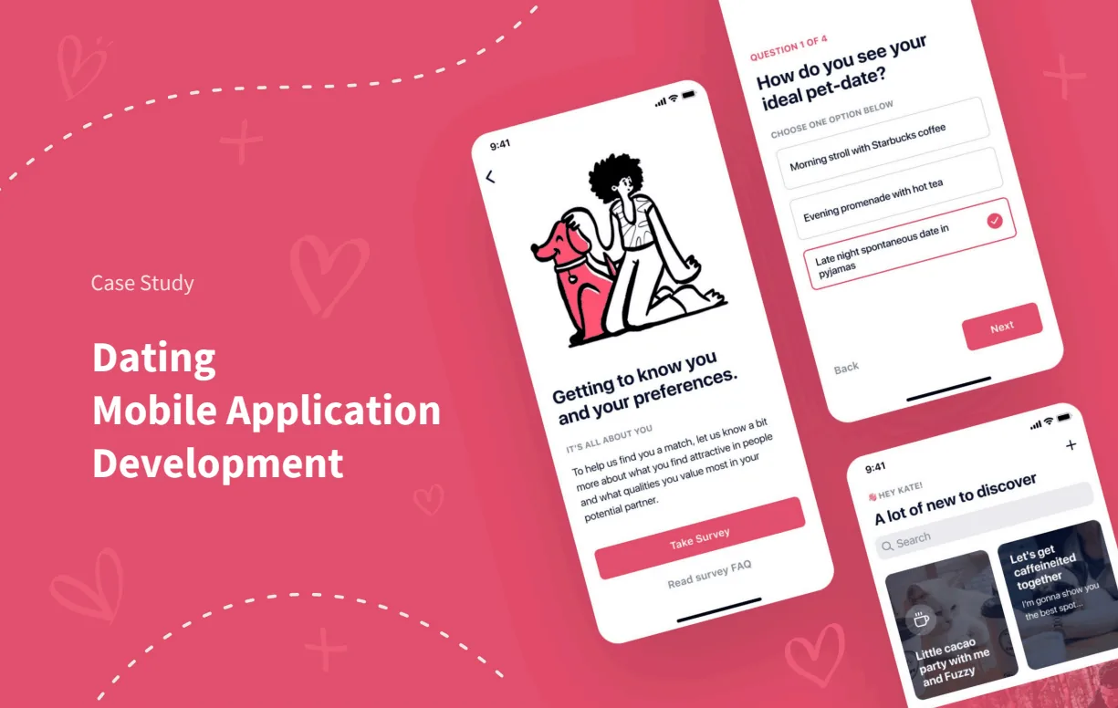 Case study cover - dating mobile application development, showing the preference survey and discovery screens