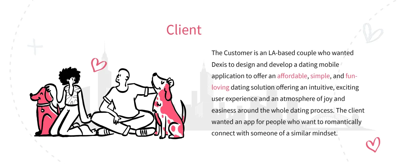 Client - an LA-based couple who wanted Dexis to design and develop an affordable, simple and fun-loving dating app for people who want to romantically connect with someone of a similar mindset