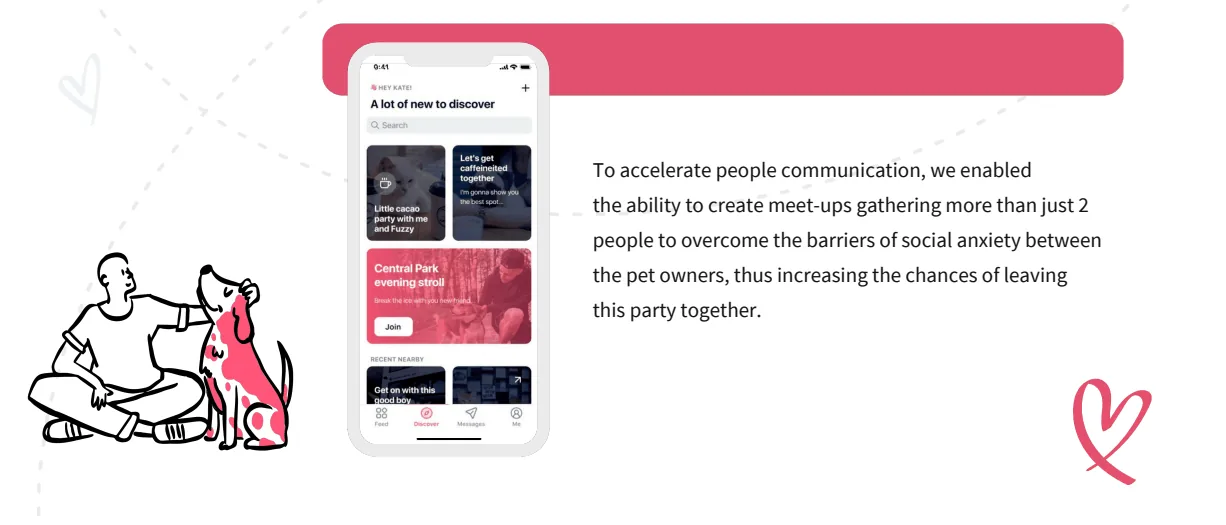 Meet-ups - users can create gatherings of more than two people to overcome social anxiety between pet owners and improve the chances of leaving the party together